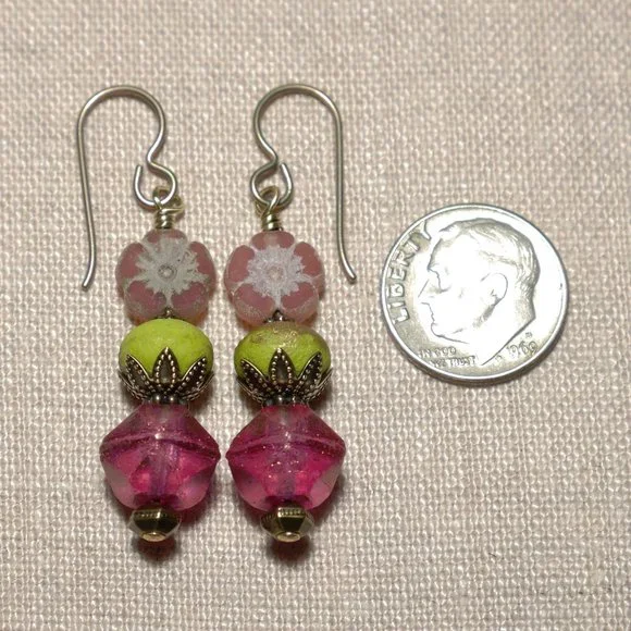 Hand Crafted Handmade Earrings Pink & Green Czech Glass Flower Earrings - Picture 3 of 4